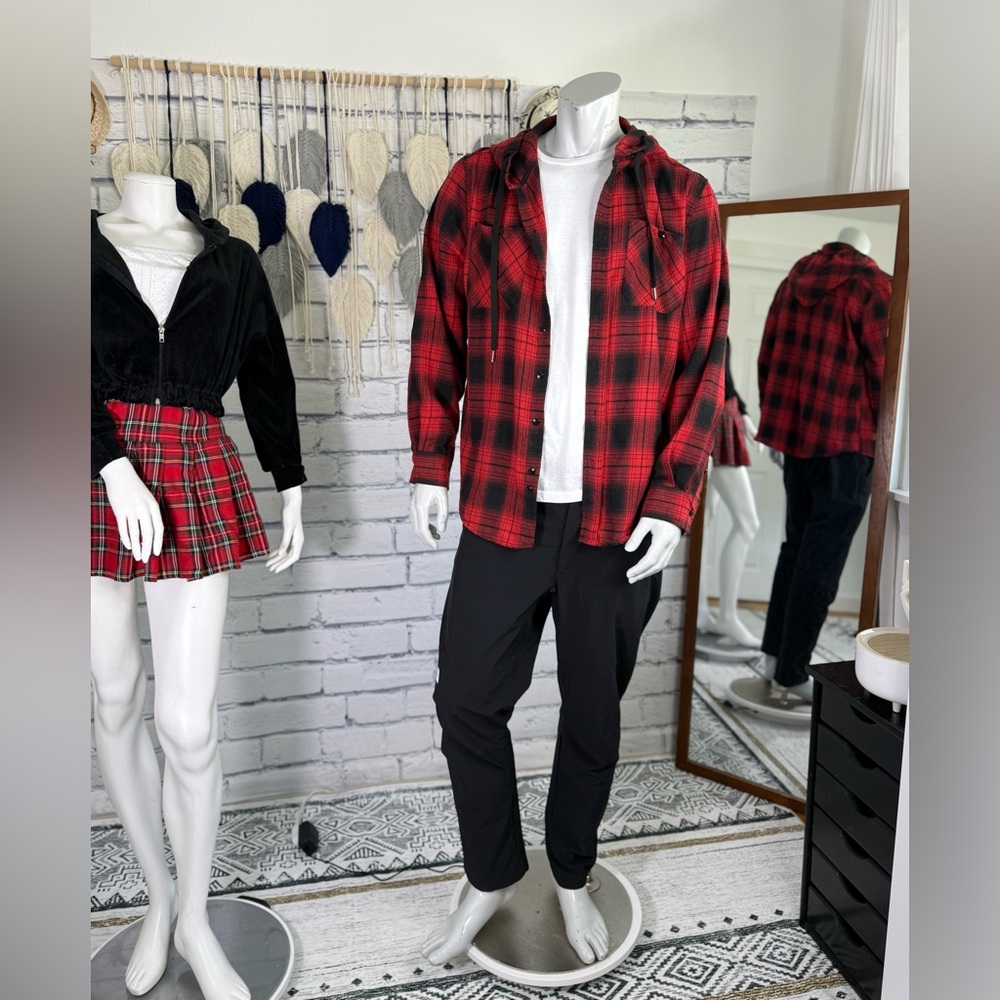 Black & Red Hooded Button Up Shacket (Shirt | Jacket)
